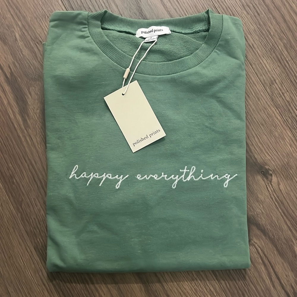 Polished prints “happy everything” pullover sweater in light green color